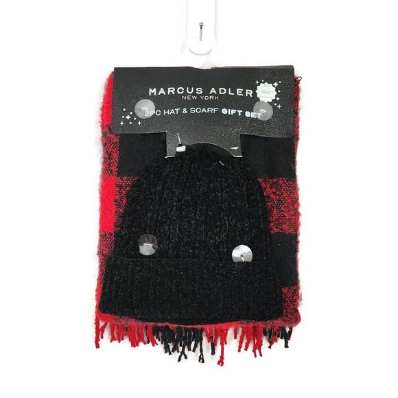 Marcus Adler Women's Red Black Buffalo Plaid Hat and Scarf Set - Picture 2 of 3